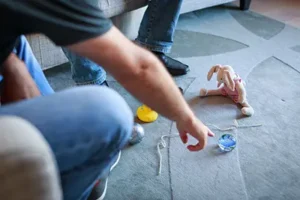 Mensch im Sitzen bei einer systemischen Ausbildung. Er zeigt auf eine Glaskugel