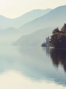 Ausblick auf einen See mit nebeligen Bergen und Wald im Hintergrund