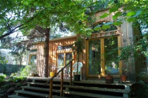 Holzhaus mit viel grünen Blättern, Treppe führt hinauf